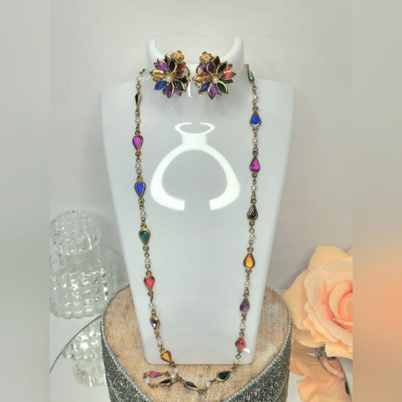 Vintage Gold Bezel set Gold crystal Demi Parure earrings necklace Set - Picture 5 of 15